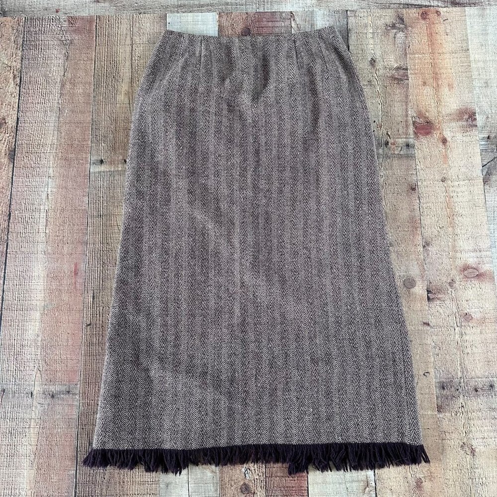 Harve Bernard Sport vintage wool midi skirt brown stiped with fringe women's 12